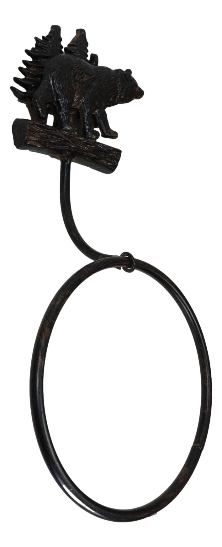 Cast Iron Rustic Cabin Bathroom Black Bear By Pine Trees Hand Towel Ring Holder