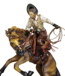 Rustic Western Cowboy With Hat And Rope On Rearing Bronco Horse Rodeo Figurine