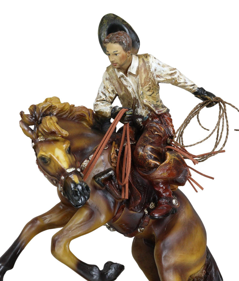 Rustic Western Cowboy With Hat And Rope On Rearing Bronco Horse Rodeo Figurine
