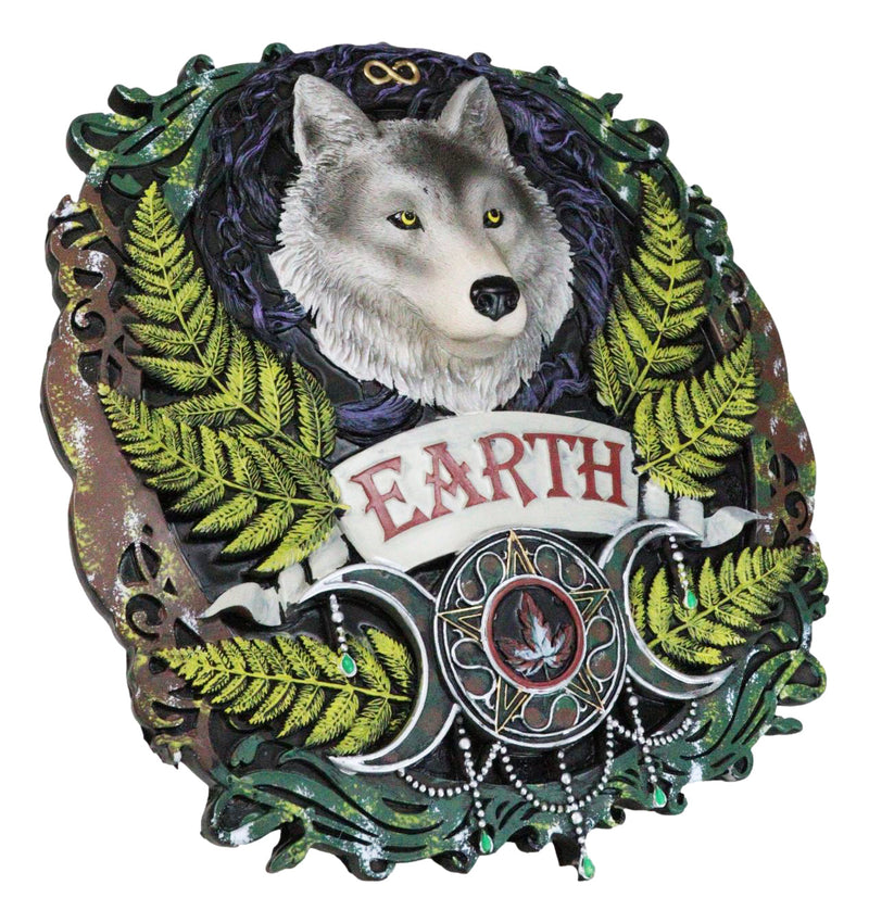 Elemental Earth Nation Gray Wolf With Leaf Ferns Triple Moon Symbol Wall Decor