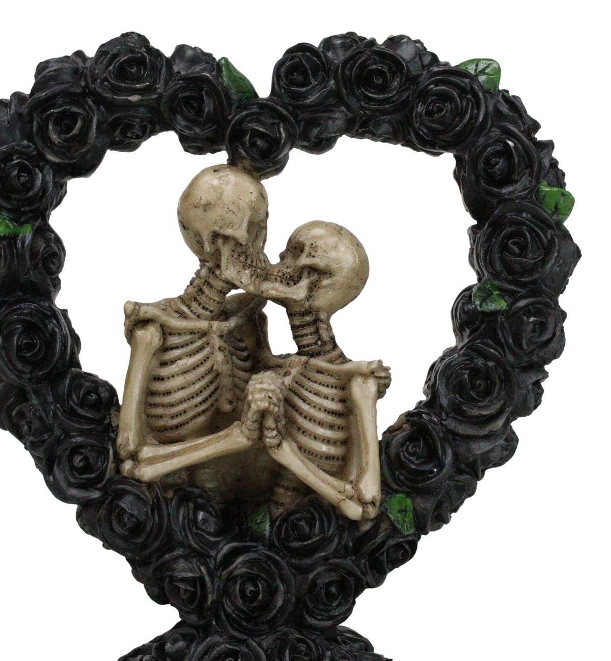 Love Never Dies Black Bridal Roses Heart Wreath Skeleton Couple Kissing Figurine - Ebros Gift