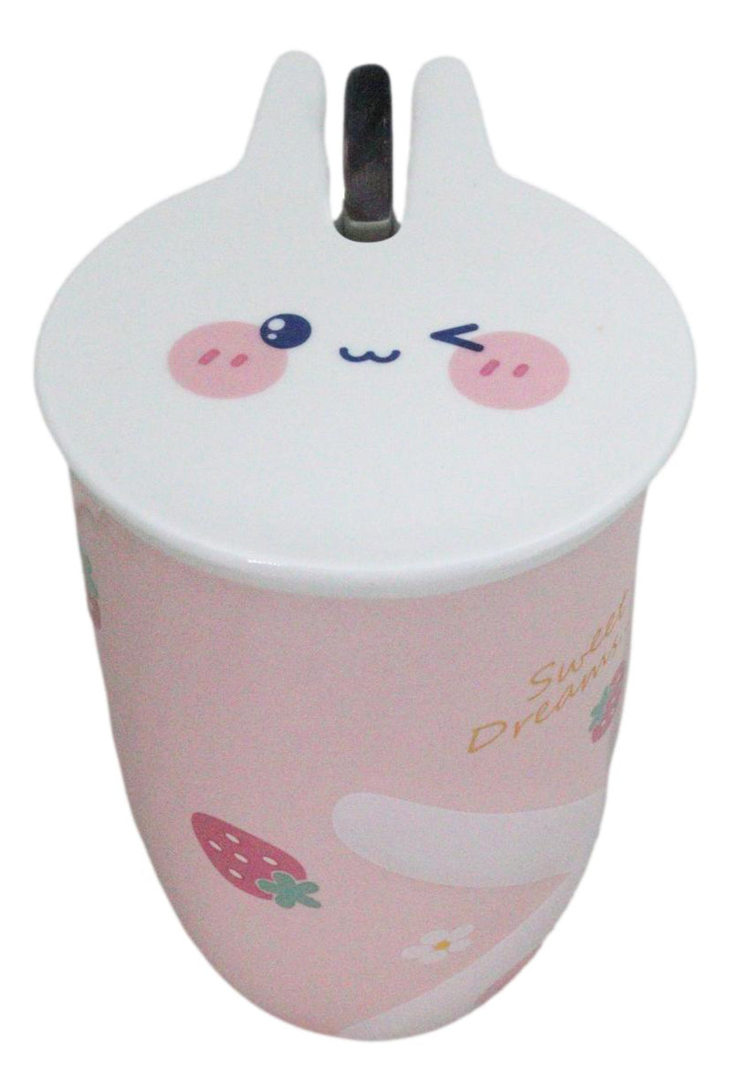 Pink Bunny Rabbit Strawberries Sweet Dreams Ceramic Mug With Lid And Spoon