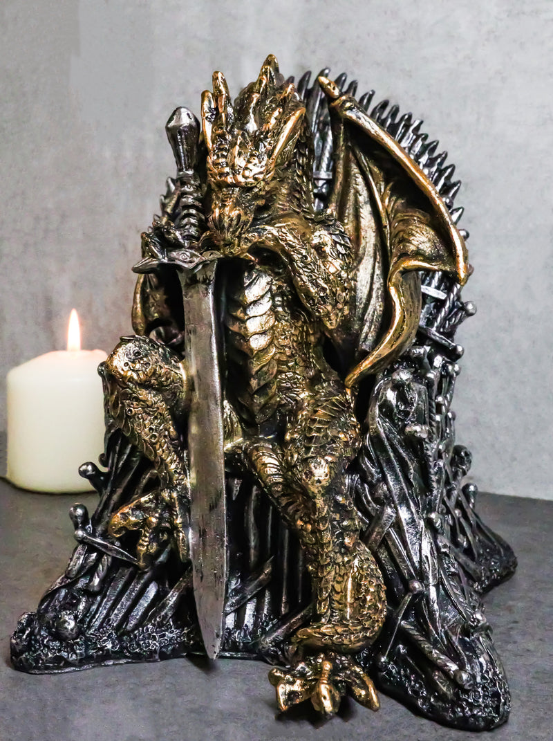 Bronzite Dragon Sitting On Iron Throne Of Swords With Valyrian Blade Figurine