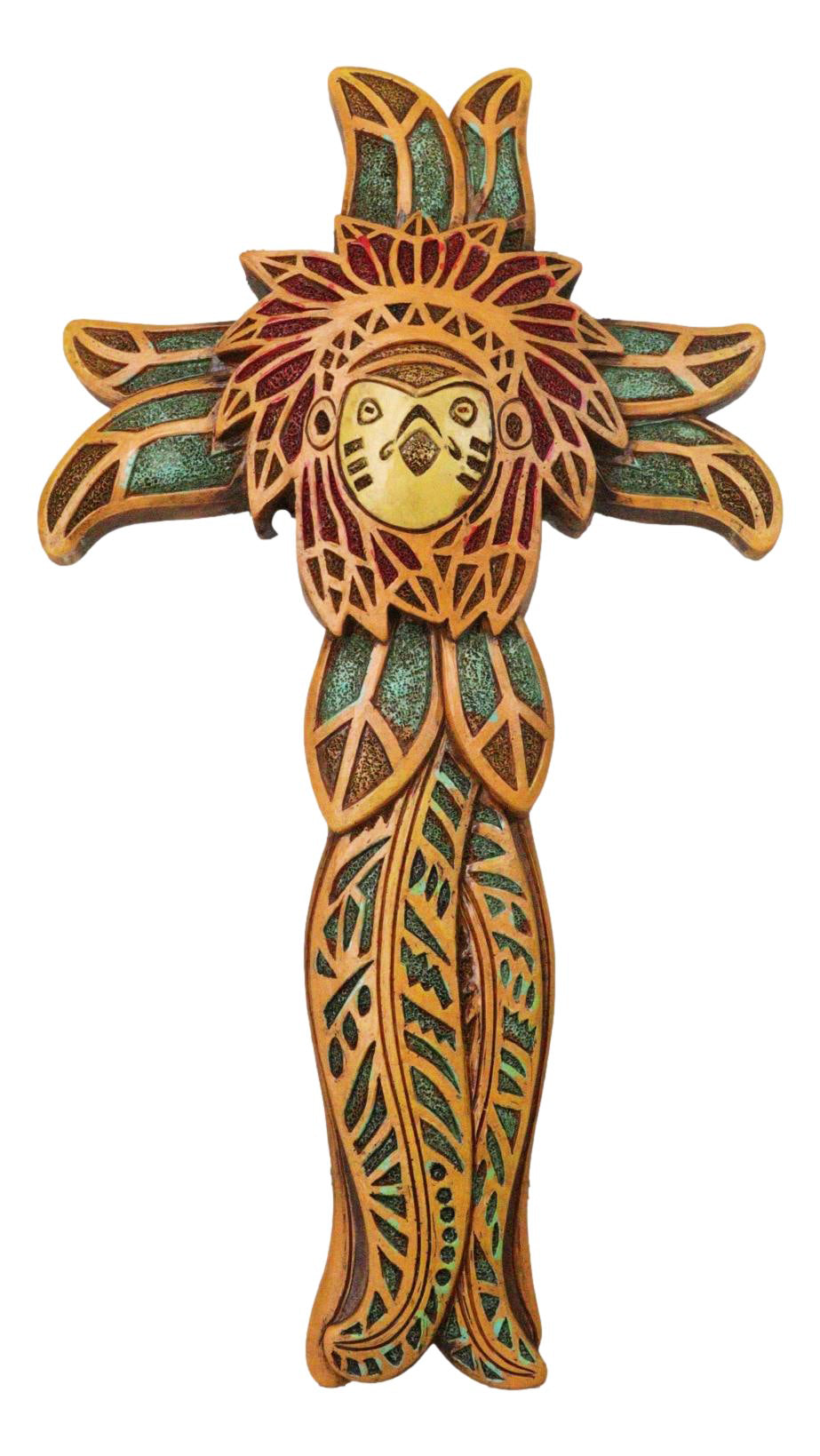 Native American Indian Owl Chief with Headdress Floral Faux Wooden Wall Cross