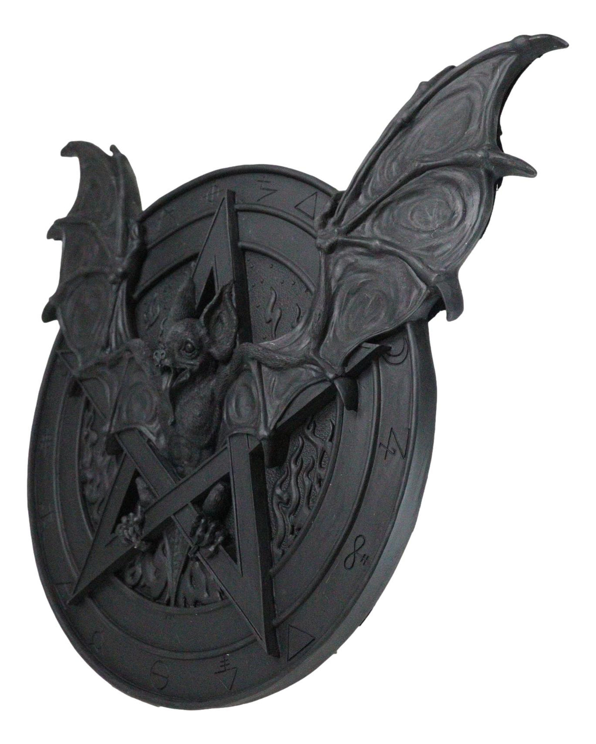 Gothic Nosferatu Black Bat Pentagram With Hell Fire Alchemy Symbols Wall Plaque