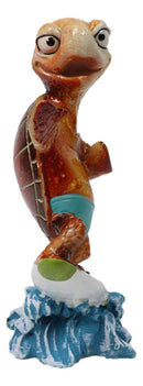 Sunkissed Surfing Turtle with Brown Shell Riding Surfboard Over Waves Figurine
