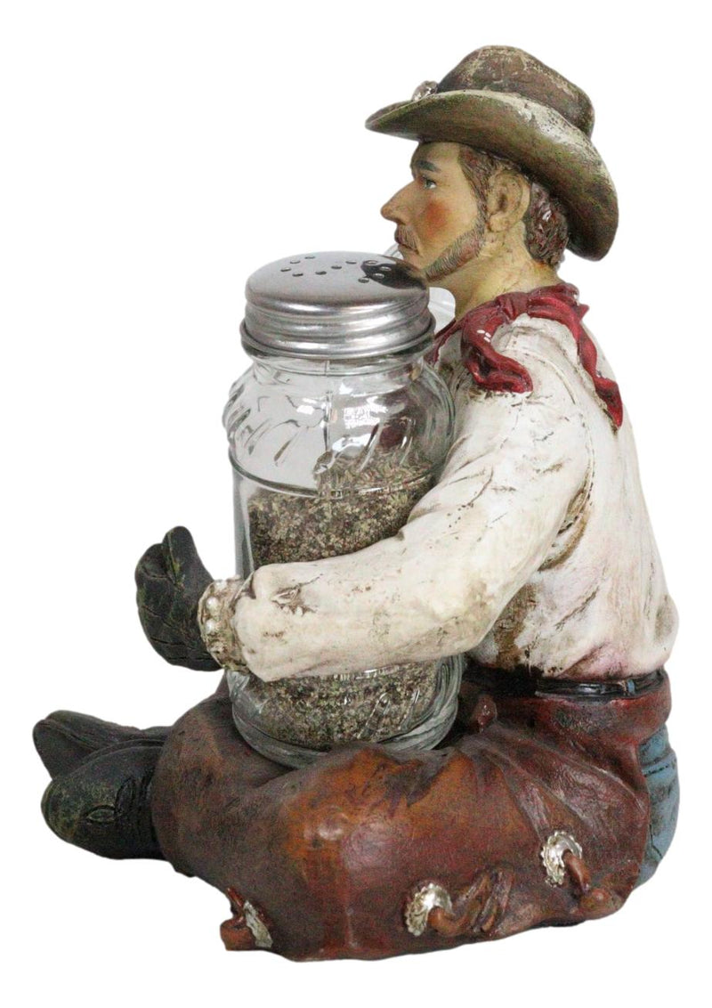 Western Wrangler Cowboy With Hat Scarf And Chaps Salt Pepper Shakers Holder Set