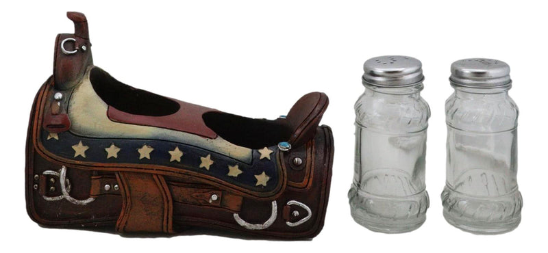 Country Western Cowboy Horse Saddle American Flag Salt Pepper Shakers Holder