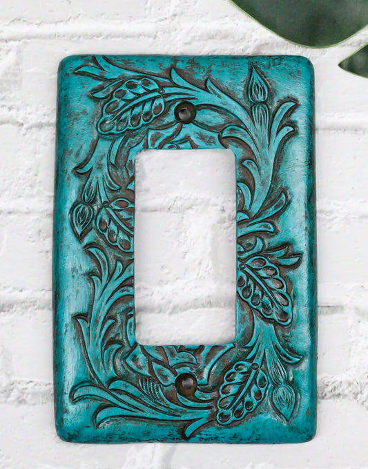 Set of 2 Western Tooled Floral Turquoise Wall Single Gang Rocker Switch Plates - Ebros Gift