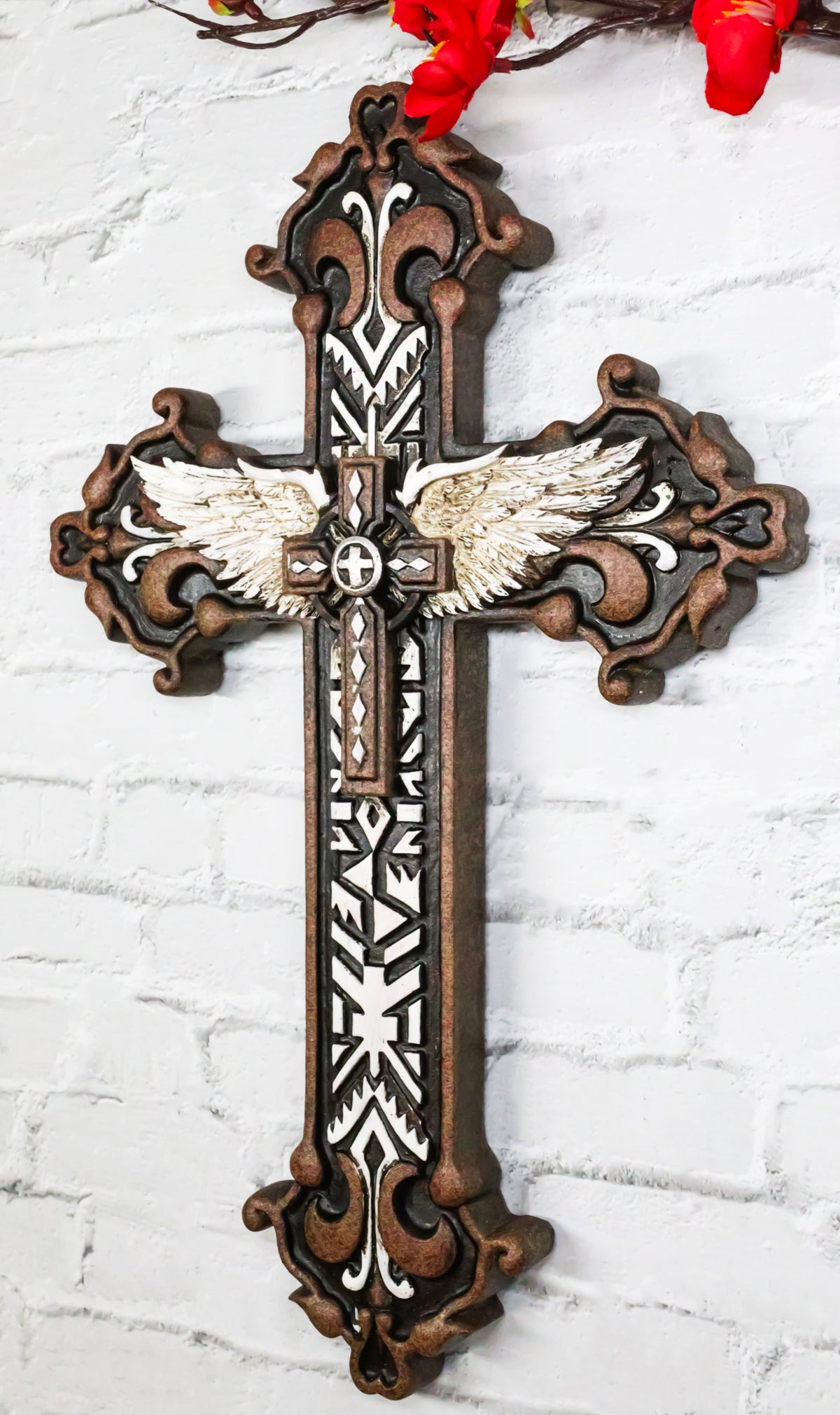 Rustic Western Mayan Aztec Ancient Symbols With Angel Wings Wall Cross Decor - Ebros Gift