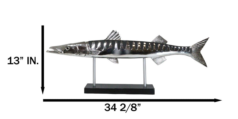 Marine Faux Taxidermy Silver Tone Large Barracuda Fish Sculpture With Pole Stand