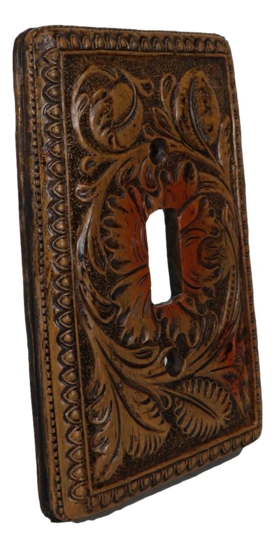 Set of 2 Western Tooled Floral Lace Faux Wood Wall Single Toggle Switch Plates