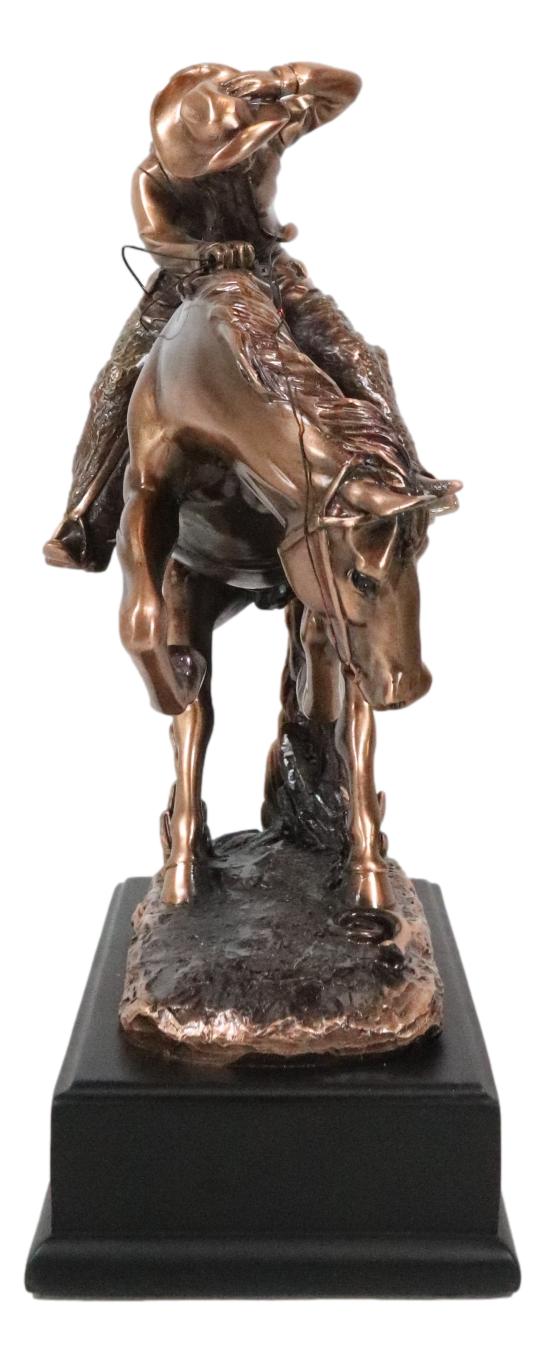 Rustic Western Rodeo Cowboy On A Rearing Horse Bronzed Resin Statue