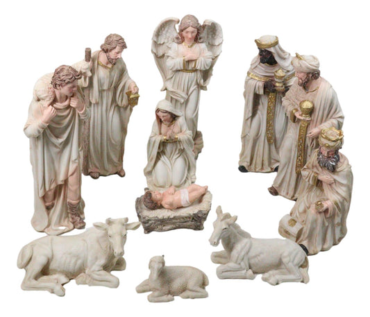 Christmas Nativity Mary Joseph Jesus Wise Men Angel 11 Pc Figurines Off White 8"