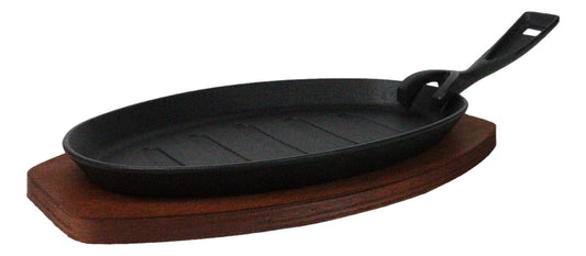 Personal Size Cast Iron Oval Fajita Steak Pan Skillet With Wood Trivet Base