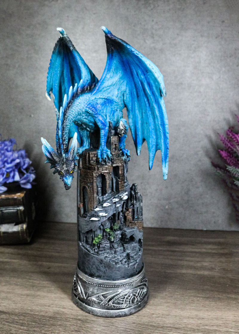 Blue Elemental Ice Dragon Perching On Medieval Stonewall Castle Tower Figurine
