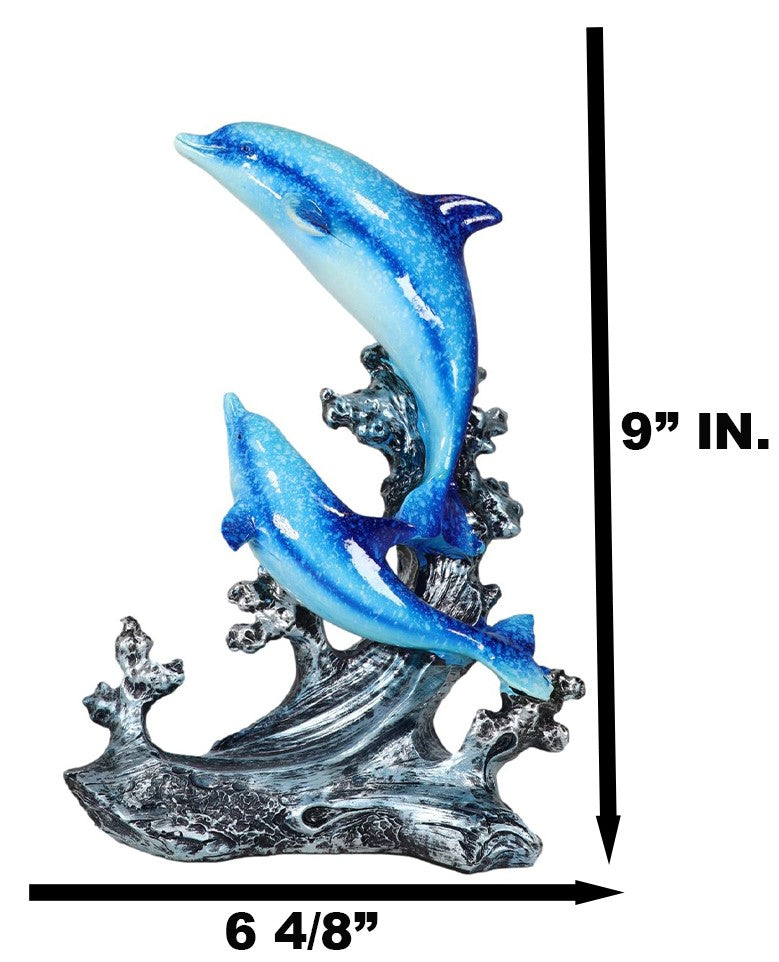 Nautical Marine Sea Ocean 2 Blue Dolphins Leaping Out Of The Reef Waves Figurine