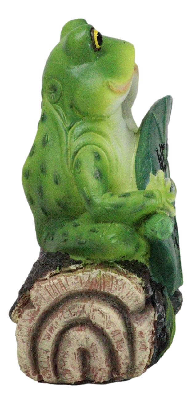 Welcome To Our Pad Green Frog Couple Sitting On Log With Lilypad Sign Figurine