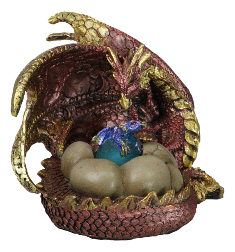 Red Gold Fire Mother Dragon Guarding Eggs And Baby Hatchling With LED Figurine