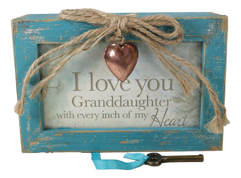 I Love You Granddaughter Locket Heart Teal Wood Musical Trinket Box 4"X6"