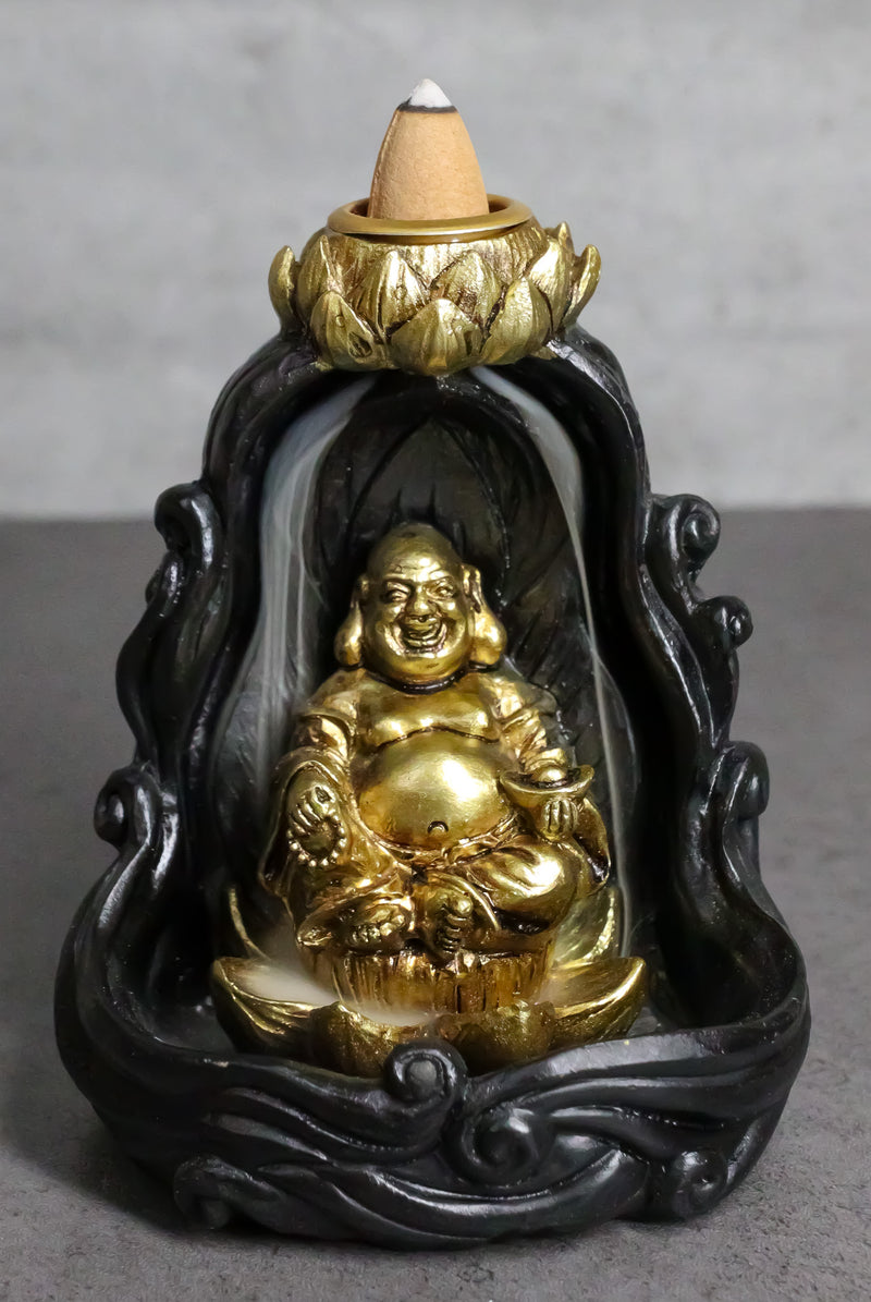 Golden Laughing Buddha Hotei On Black Cloud Lotus Backflow Incense Cone Burner