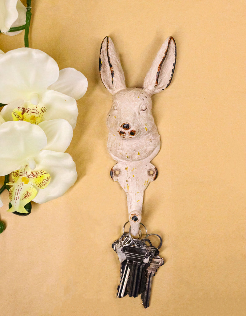 Distressed White Finish Cast Iron Whimsical Bunny Rabbit Wall Coat Hat Hook