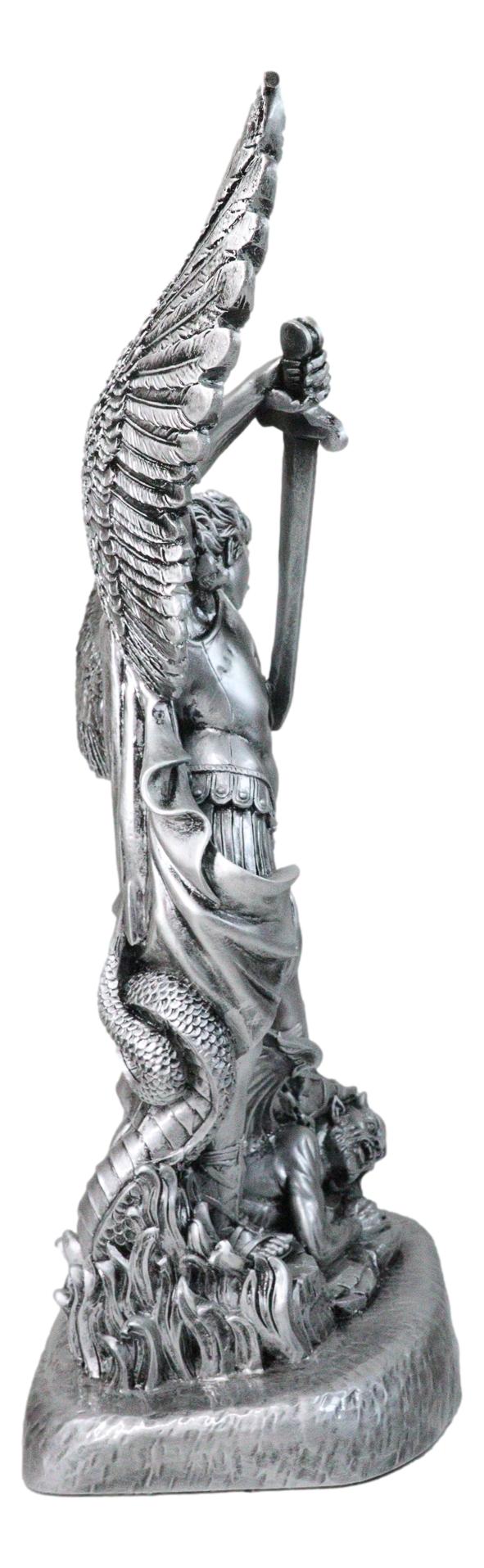 Italian Silver Archangel Saint Michael Trampling Satan With Sword Statue 16"H - Ebros Gift