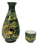 Green Golden Koi Fishes In Water Porcelain Sake Flask And 4 Ochoko Cups Set