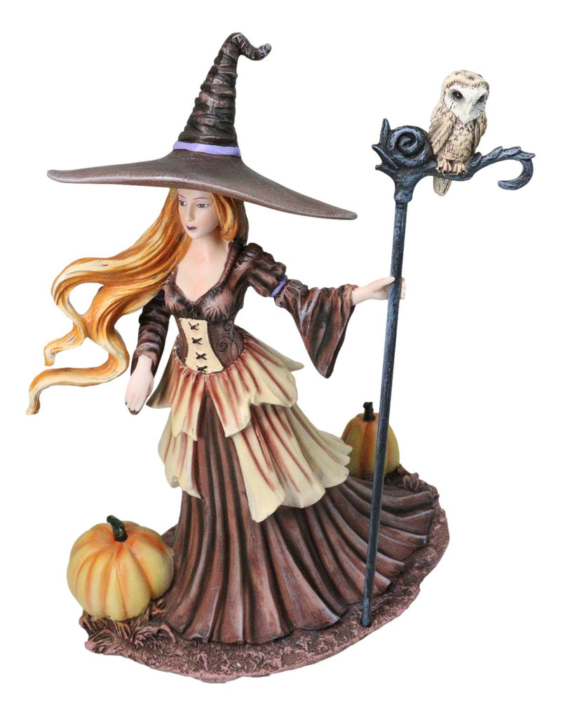 Amy Brown Halloween Pumpkin Owl Spell Autumn Witch With Magic Staff Sculpture