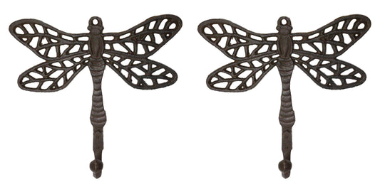 Set Of 2 Rustic Cast Iron Dragonfly with Scrollwork Filigree Wings Wall Hooks - Ebros Gift