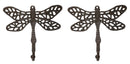 Set Of 2 Rustic Cast Iron Dragonfly with Scrollwork Filigree Wings Wall Hooks