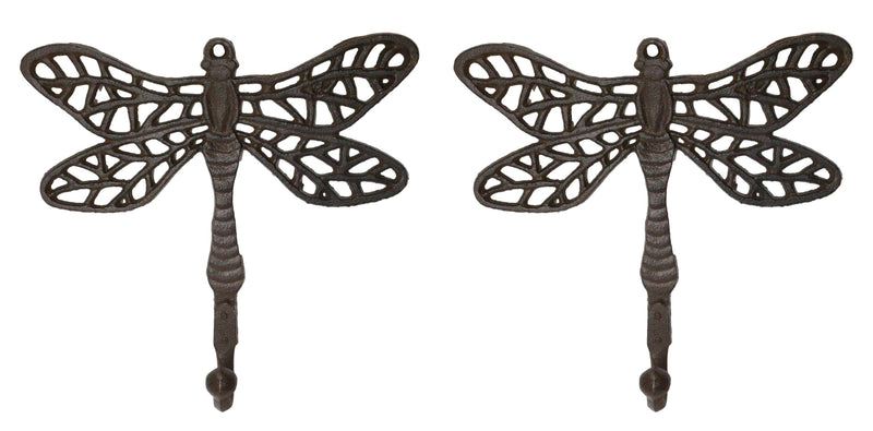 Set Of 2 Rustic Cast Iron Dragonfly with Scrollwork Filigree Wings Wall Hooks