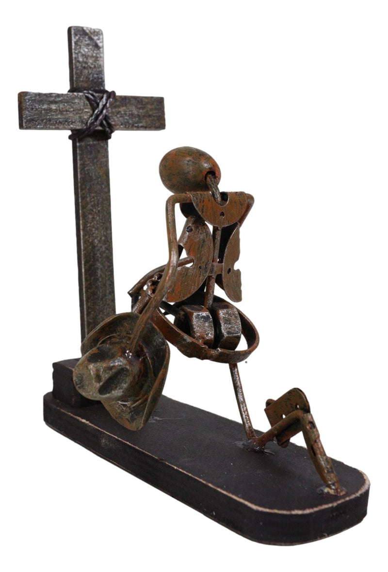 Rustic Western Cowboy With Hat Kneeling By The Cross Hand Made Metal Sculpture