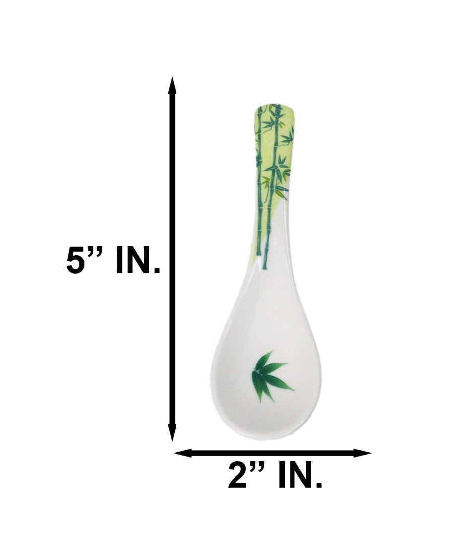 Set of 6 Green Bamboo Porcelain Asian Soup Spoons Japanese Ramen Pho Wonton