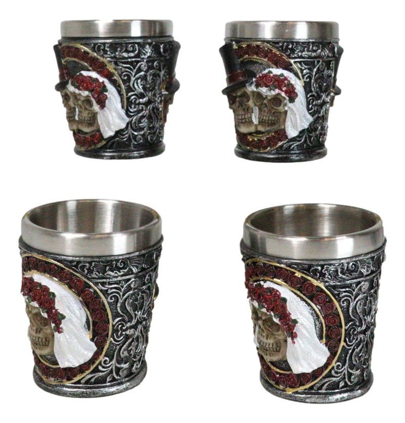 Set Of 4 Love Never Dies Wedding Couple Skulls With Red Roses Shot Glasses