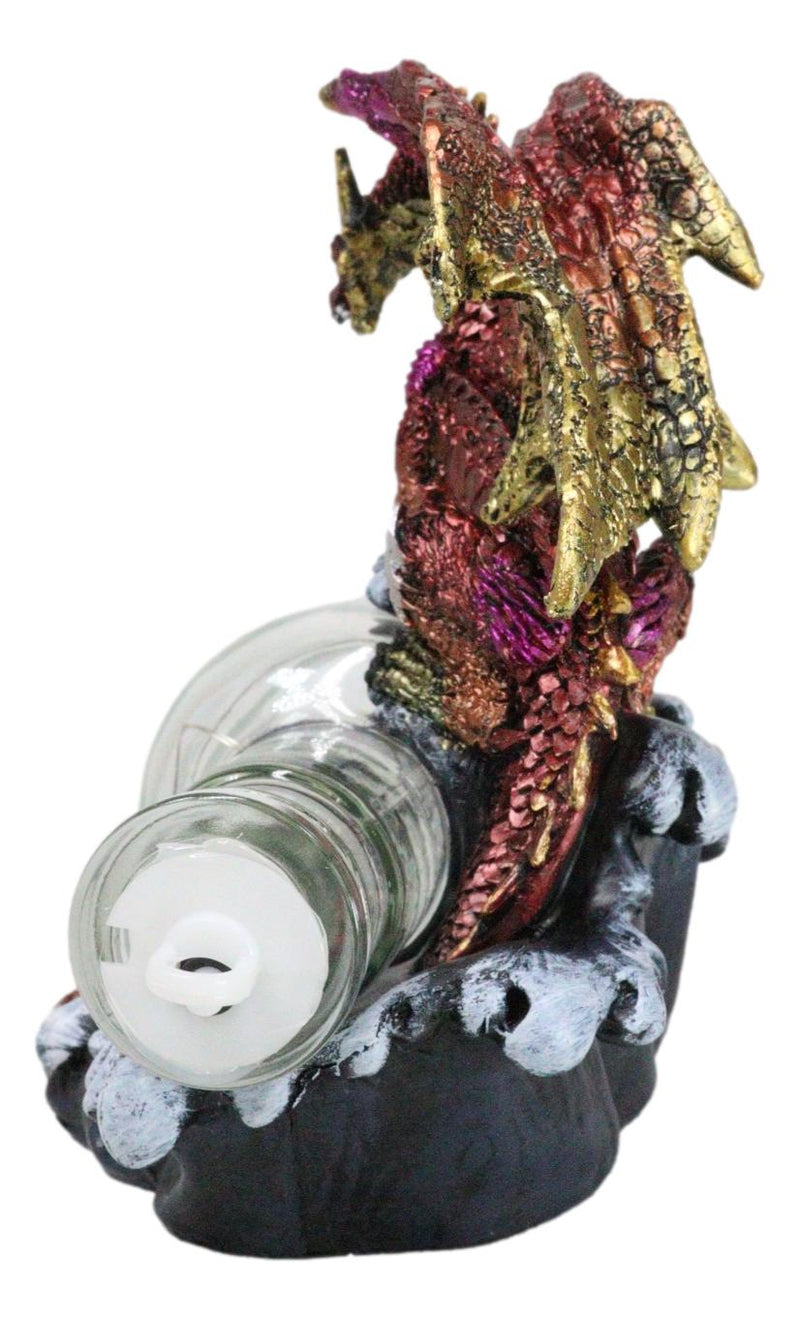 Red Gold Dragon On Ocean Waves Rock With Ship Trapped in LED Bottle Figurine