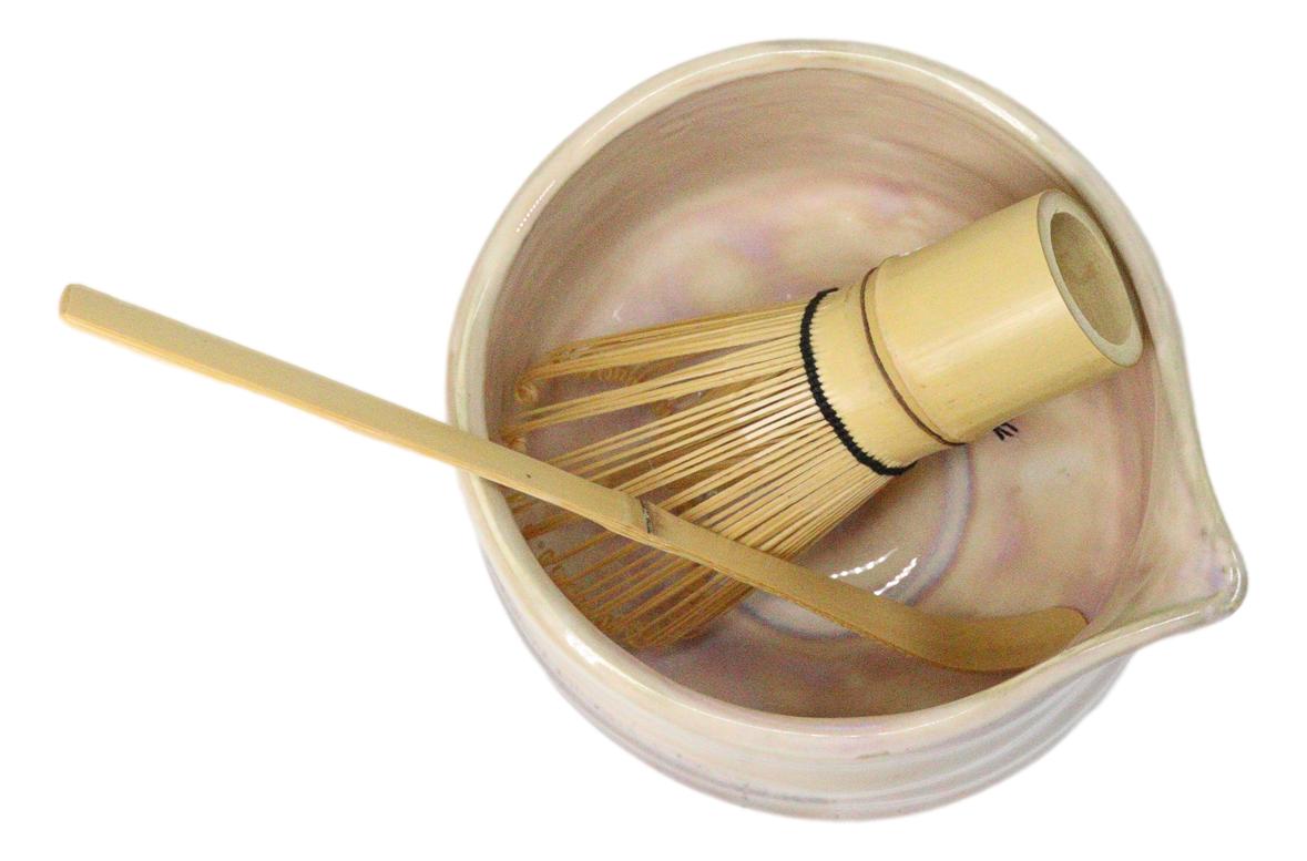 Cream Brown Brushstroke Ceramic Japanese Matcha Green Tea Bowl Whisk & Scoop Set