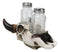 Rustic Western Cow Skull With Roped Horns Salt Pepper Glass Shakers & Holder Set
