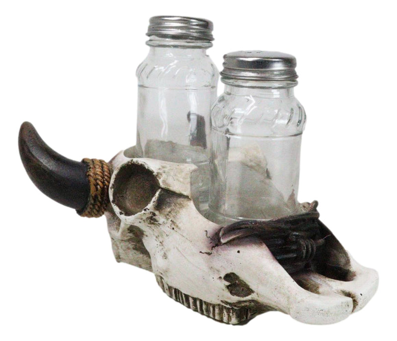 Rustic Western Cow Skull With Roped Horns Salt Pepper Glass Shakers & Holder Set