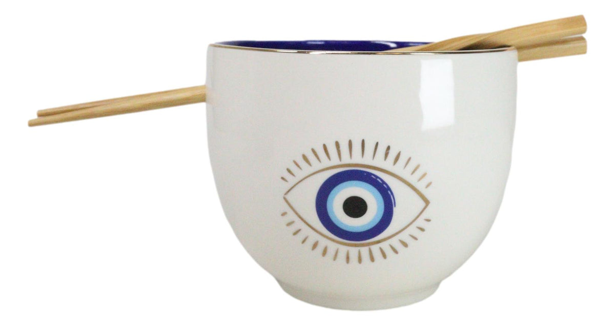 White And Gold Wicca Mystic Evil Eye Of Providence Soup Bowl With Chopsticks