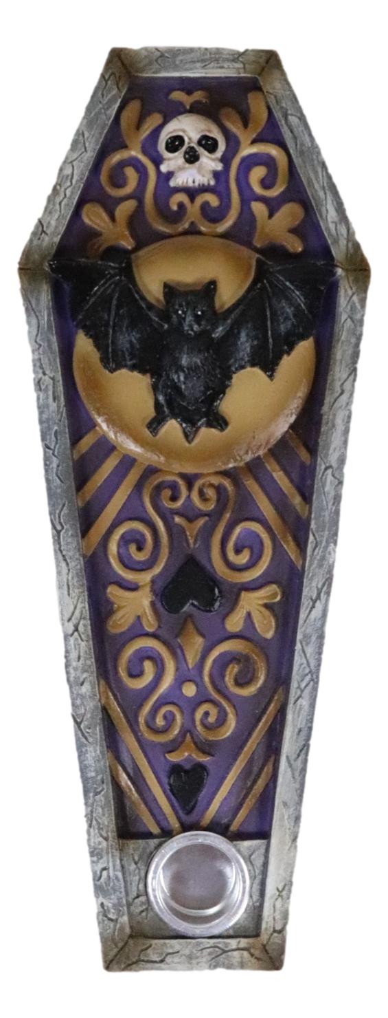 Wicca Mystical Black Bat Skull Full Moon Vampire Coffin Incense Burner Figurine