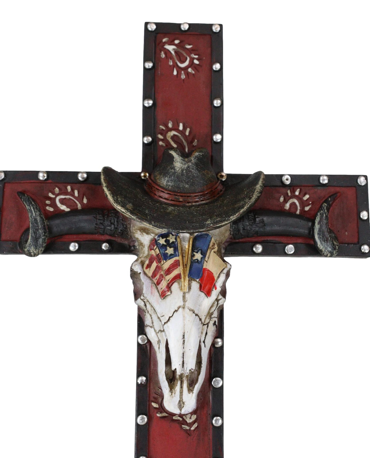 Rustic Western Patriotic Longhorn Cow Skull With USA Texas Flags Hat Wall Cross