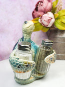 Marine Blue Shell Sea Turtle Hugging Glass Salt Pepper Shakers Holder Figurine