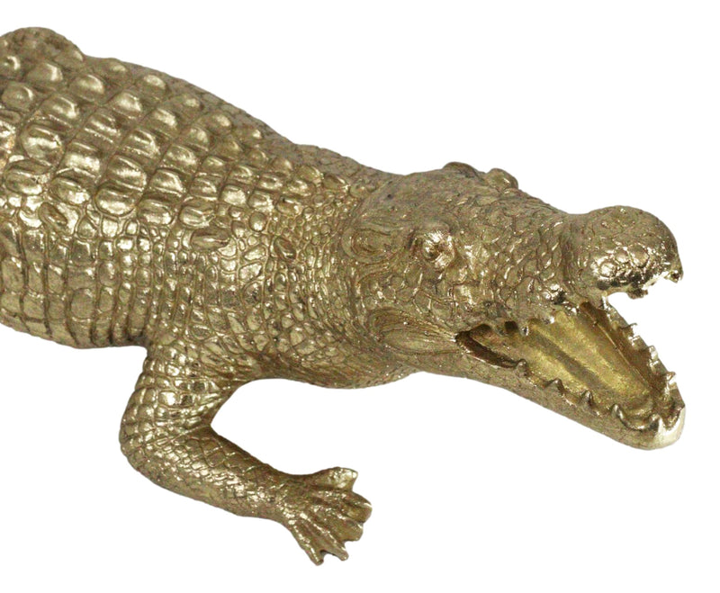 Large 2 Feet Gold Patina Crocodile Baring Jaws and Razor Teeth Garden Statue