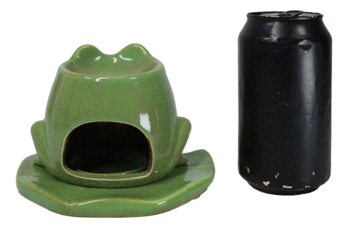 Whimsical Green Toad Frog On Lily Pad Ceramic Essential Oil Warmer Candle Holder - Ebros Gift