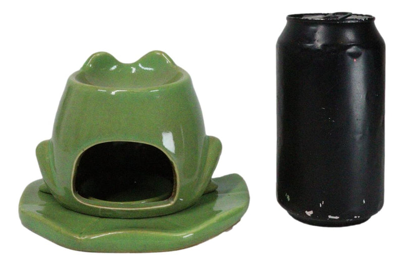 Whimsical Green Toad Frog On Lily Pad Ceramic Essential Oil Warmer Candle Holder