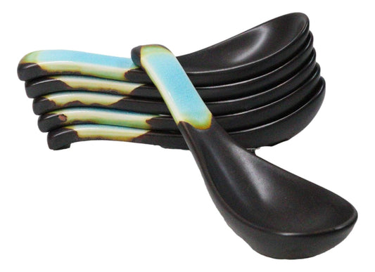Pack of 6 Aozora Kannyu Crackle Blue Ceramic Asian Soup Spoons With Hook 5.75"L