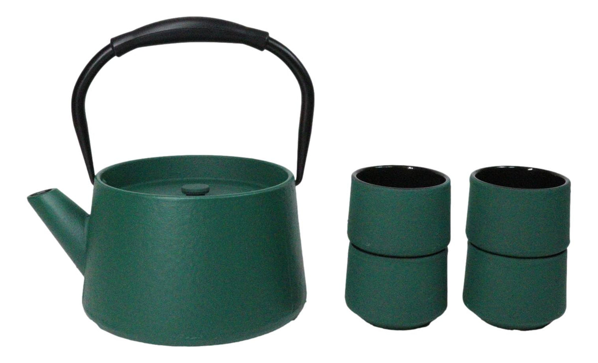 Green Modern Straight Edge Tetsubin Cast Iron Teapot 33oz And 4 Tea Cups Set