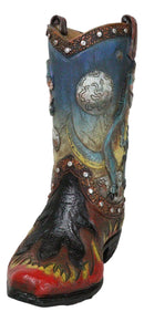 Western Prehistoric T-Rex Dinosaur With Volcano Faux Leather Cowboy Boot Vase