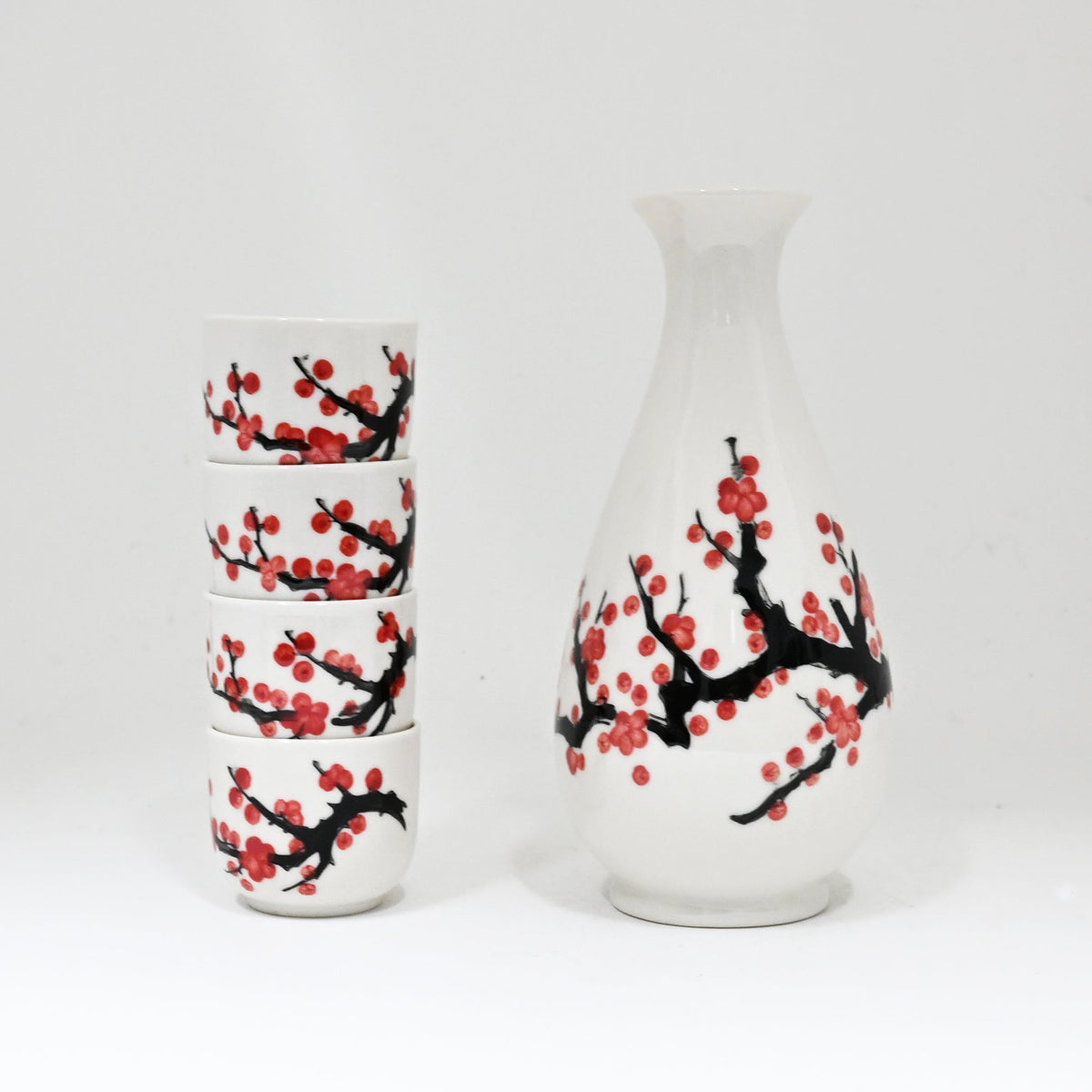 White Pink Sakura Cherry Blossom Porcelain Sake Flask And 4 Ochoko Cups Set